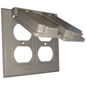 A weatherproof Cover for Two Gang Duplex Receptacles.